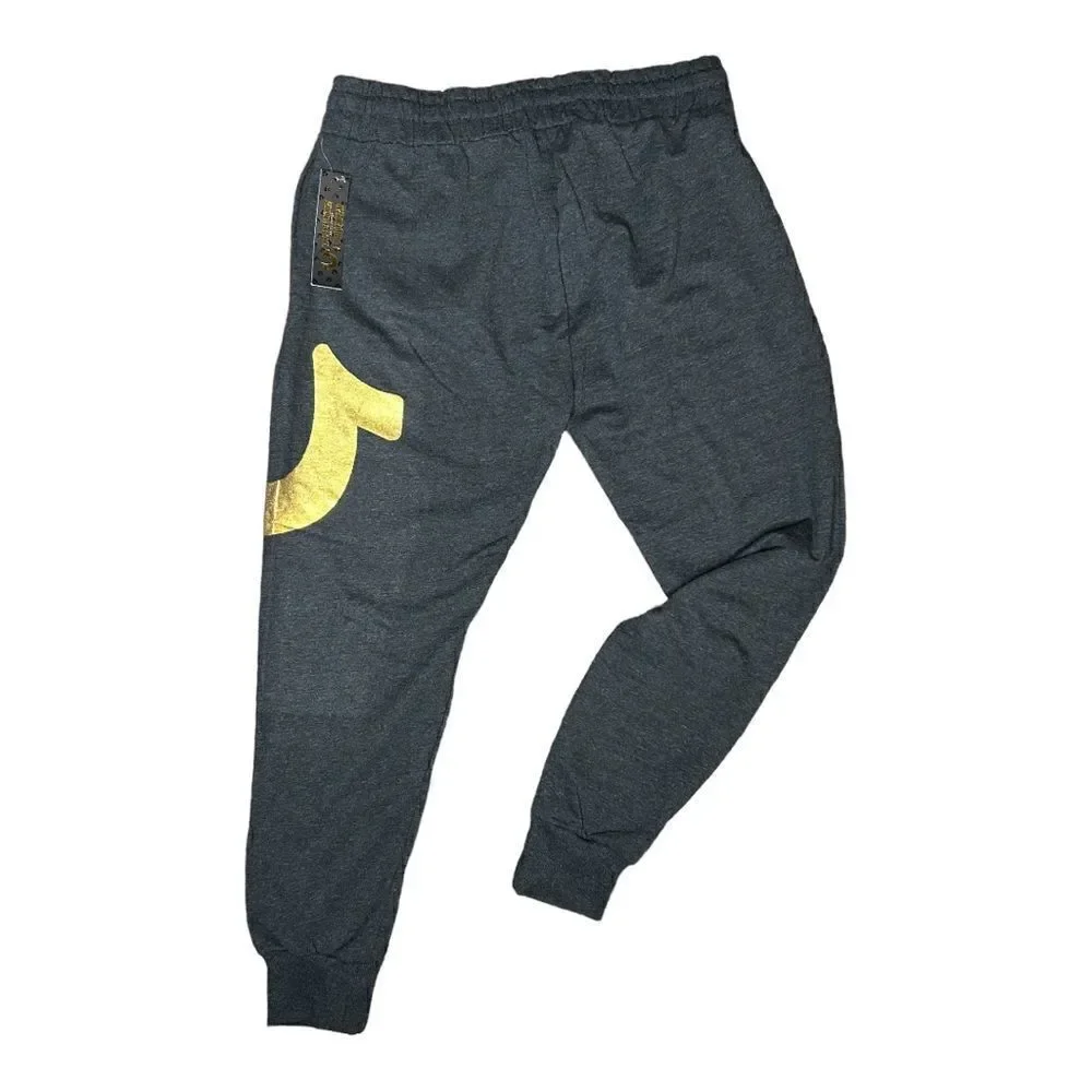 NEW True Religion Jogger Sweatpants Charcoal Grey Gold Logo Elastic Waist Mens L